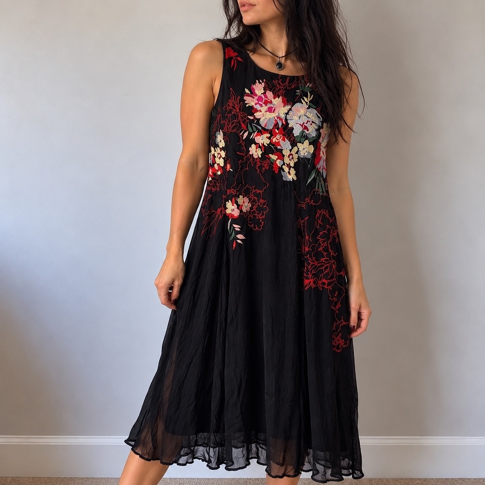 Soft Surroundings Black Floral Embroidered Midi Dress Size 6 Whimsigoth Boho